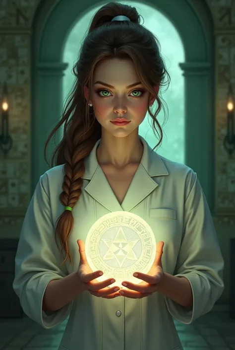  Drawing of a nurse with green eyes and brown braid, holding a magic crystal ball in his hands