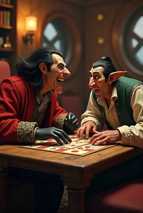 Captain Hook character playing ludo with the Hunchback of Notre Dame character in his ships lounge