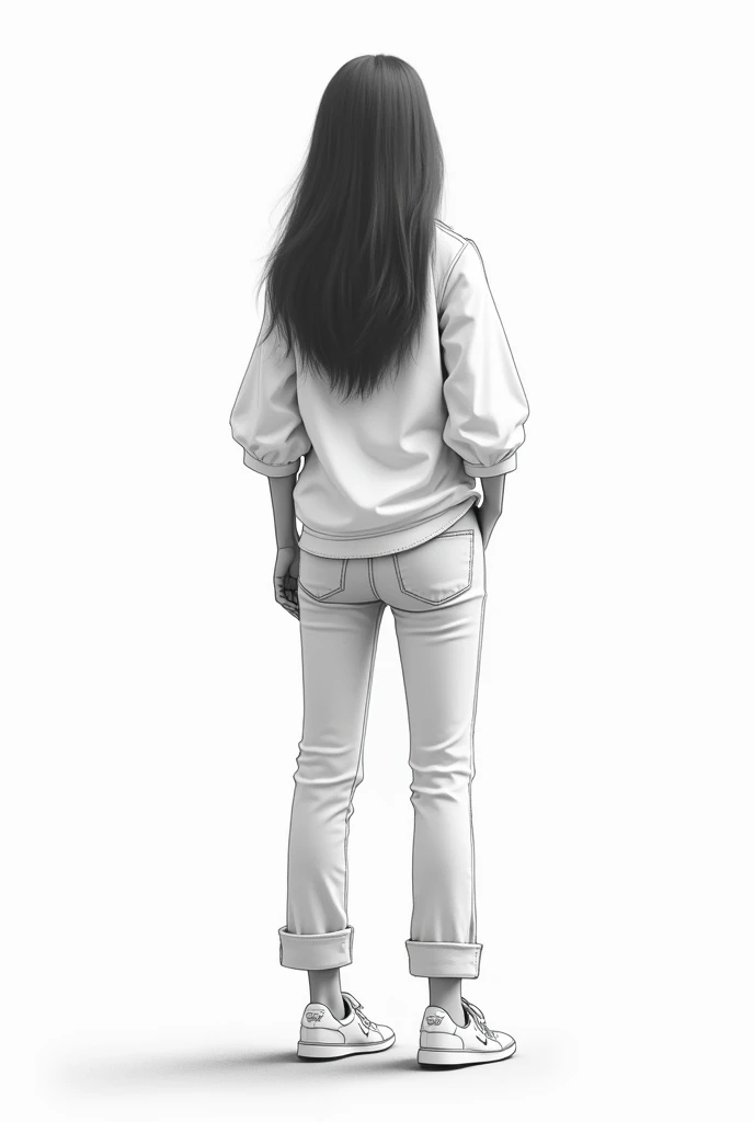 Create a drawing animation of a girl with long hair wearing a serquillo and a blouse wearing pants and sneakers. Bottomless behind 