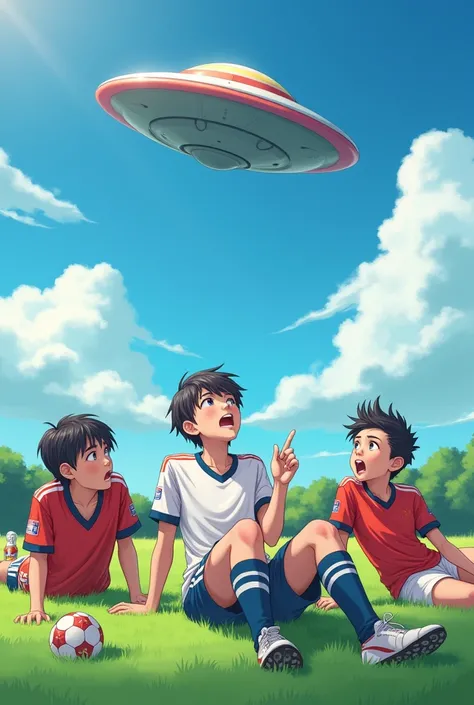 Image of several ren in soccer uniforms and the ball,  lying on the grass surprised to see a UFO in the sky. horizontal image
