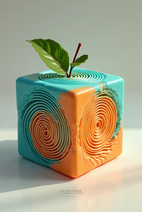  A cyan orange in the shape of a cube with spiral designs, With a text at the bottom "FRUIT FROM THE CUBE ".