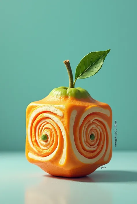  A cyan orange in the shape of a cube with spiral designs, With a text at the bottom "FRUIT FROM THE CUBE ".