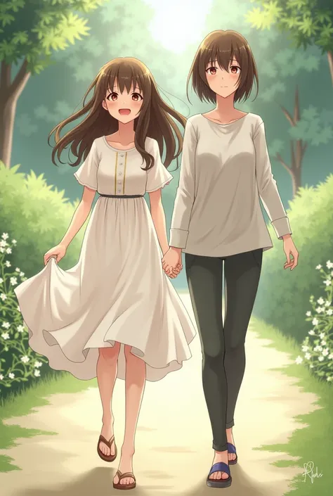 A happy brunet girl in a white dress walking next to a crying brunet in casual clothes