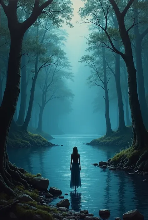 a dark forest with a lake in the middle, a glowing ghost of a woman standing by the lake. Hard shadows, comic book style, looking at her reflection in the rippling water, Frank Miller, acrylic on canvas, in the style of large-scale paintings, bold block pr...