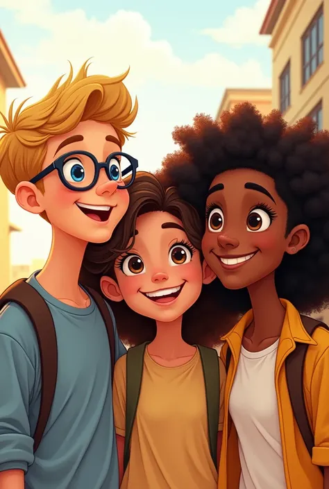  Generate an image showing three college friends where one of them is a blue-eyed blond boy with glasses,  another boy with curly hair and black white skin and the other is a girl with long curly hair , The three of them are smiling and looking at the came...