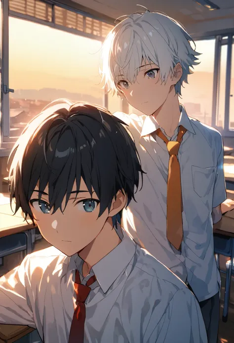 ((Two men who are good friends:1.5)),  perfect face,   beautiful face,  very detailed face in light blue underwear，( man with short black hair :1.3)，(Man with short white hair :1.3)，Male high school student uniform、tie、evening、(Classroom where the light of...