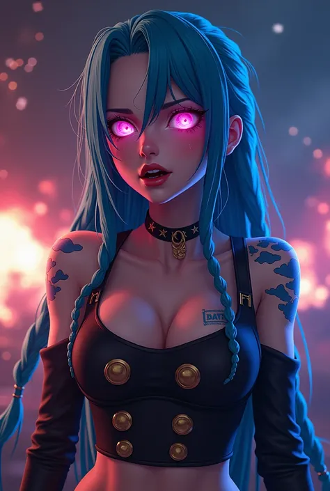 Jinxs character design, Crying, Hot Pink Tears, Screams, closeup face, Explosions in the background, beautiful breasts, Sexy, Arcanes Jinx, sexypose, waves his hand, Pink glowing eyes, hairlong, hairsh, braided into long braids, Pigtails hang below the kne...