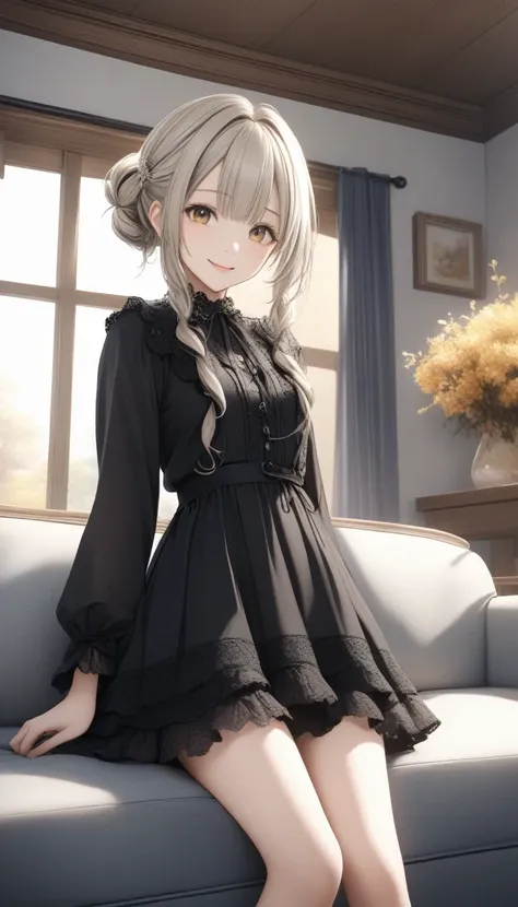 One cute  girl ,Young Face、 slim figure、Thin legs、８Head to Body、((Beautiful golden silver hair color、 inner color hairstyle 、 with fully trimmed ends 、A cute and young hairstyle))、((Stylish gothic fall clothes ))、  Lens Flare,Natural colors,  high definiti...