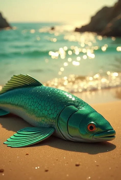 In a vast beautiful ocean shore an emerald color adult fish is lying suffering death and life on a golden sunny sun rise. The ocean water looks magical bluish and glittery 