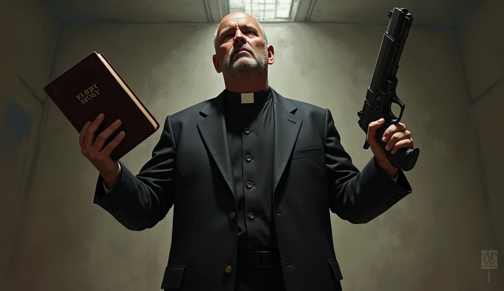 Evangelical pastor holding a bible and a gun