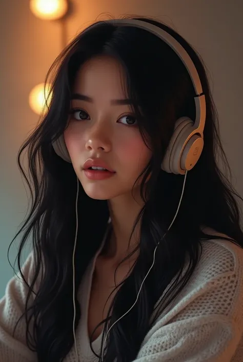 Create a realistic image of a girl listening to music with her headphones as if it were a photo to post on Instagram,  who looks as realistic as possible. The girl must have black hair and be Latin American.