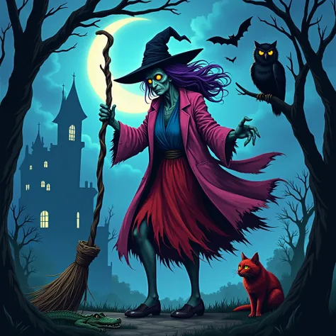 A dark and sinister illustration featuring a malevolent old witch standing in full profile, facing to the right. She clutches a crooked wooden broom with both hands, the broom slightly tilted as if ready for flight, its handle twisted and bristles uneven f...