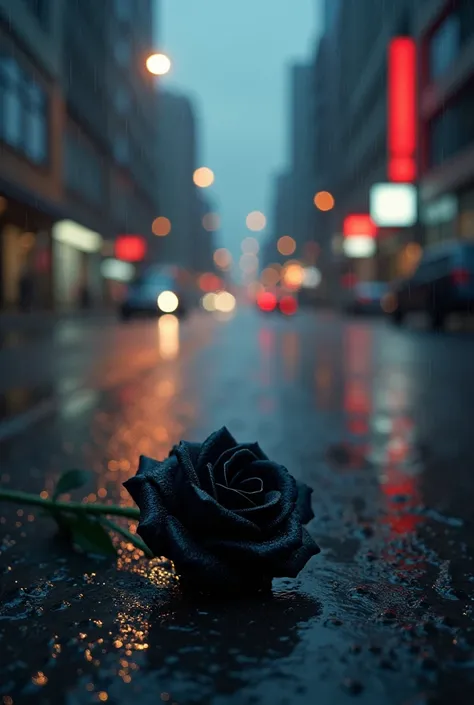 A single black rose lying on a rain covered city road at night, illuminated only by the headlights and taillights of passing cars