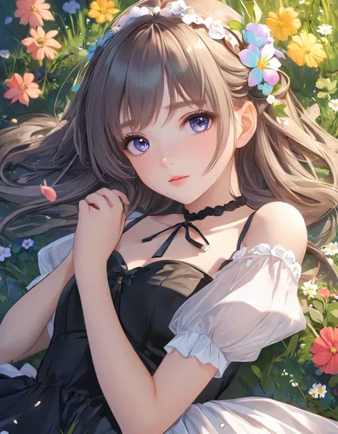 Anime girl laying on the ground with a flower in her hair, Gweiz, beautiful anime girl, cute anime waifu in a nice dress, beautiful anime, pretty anime girl, anime style 4k, beautiful anime artwork, beautiful anime portrait, cute anime girl, beautiful anim...