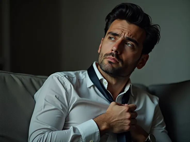  A forty-year-old man sitting on the couch looking very worried,   holding the knot of his tie to loosen it  ,  He has black hair and is handsome  , Your eyes are green.   The image shows only the profile of the man  , The room is lit.