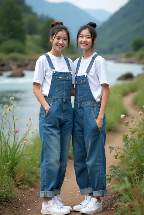 portrait of two beautiful 27 year old Asian woman, hair bun, ,wearing a overalls denim, wearing white t shirt,and white Jordan sneakers,smiling facing the camera,  standing on a dry wood surrounded by grass and leafy plants green with white and pink flower...