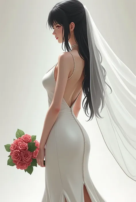 Sarada Uchiha 26 years old tall slim body with big breasts plentiful hips and buttocks ,  long black hair red eyes with beautiful wedding dress fitted to her body showing a little of her leg and a long neckline on her back showing her slim body, V-shaped c...