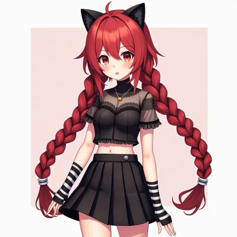  create an icon for profile , 2D art of a girl ,   anime, human,  with hair consisting of two huge braids behind ,  red hair color with medium low saturation , Classic fringe, white pele,  two strands on top of the hair , Light red eyes, small bust, very l...