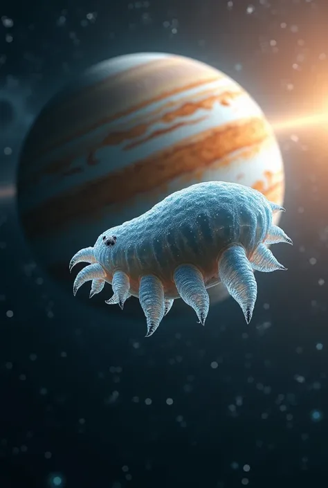 Image of a tardigrade in space and in the background dñse can be seen the planet Jupiter horizontal image.