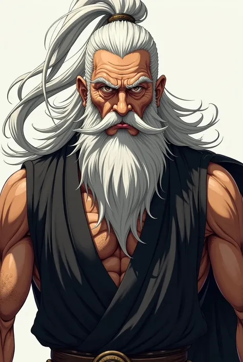  An elderly warrior with completely white and long hair , gathered in a ponytail. He has a long beard.  His gaze is penetrating but serene . Wear a sleeveless black kimono ,  who reveals his strong arms marked by time .  Do it with an aggressive anime styl...