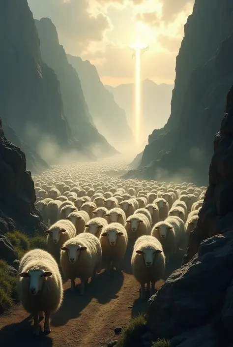 A large flock of sheep ,  walking through the valley of the shadow of death ,  and Jesus appearing in the clouds .