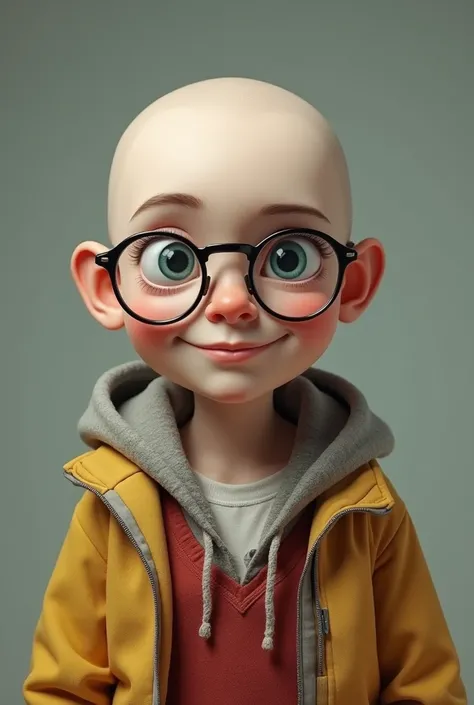 A white boy, high, Bald and with glasses who is lively and adult 