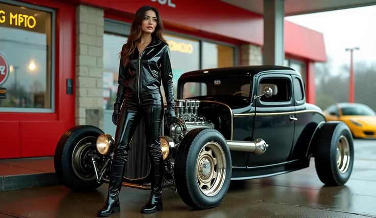 realistic photo , woman standing next to rat rod , wearing black shinny pvc jumpsuit , shiny pvc rain coat , wearing black shinny pvc thigh high boots , shinny pvc long gloves , outside  gas station