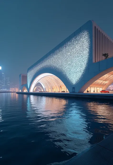 Create an image of a modern train station with futuristic architectural features, set against the backdrop of shimmering water. The train station should have a cutting-edge design that makes it stand out, and the water should reflect city lights at night, ...