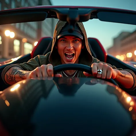 Eminem rapping while driving a super car, front view 