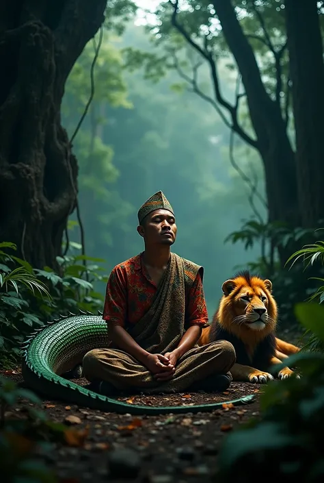 "((ultra realistic photo)) An Indonesian man dressed in traditional Javanese attire is meditating in a dark forest, accompanied by a majestic dragon and a fierce wild lion. The man is sitting cross-legged, wearing a rich batik cloth and a kain sarung, with...