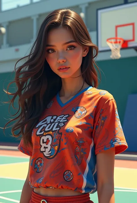 A woman in a basketball blouse