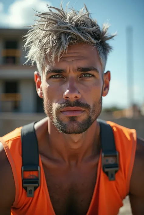 masterpiece, best quality, high resolution, closeup portrait, male focus, solo focus, A man, 20 years old, with construction worker uniform, unbuttoned work clothes, construction worker, silver grey hair, messy hairstyle, cute and seductive face, bare ches...