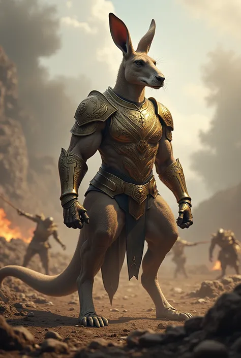 An impressive kangaroo with full armor on the battlefield being victorious and the field made a mess the kangaroo that is muscular
