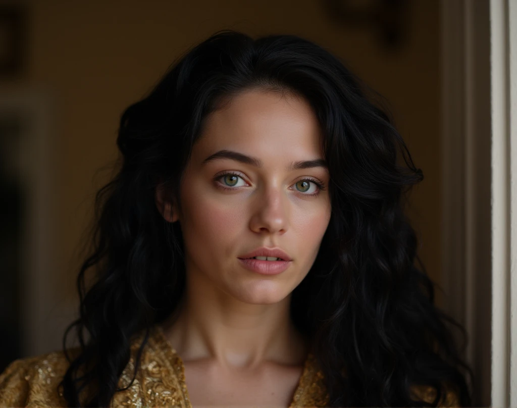 Medium shot of an Irish model with large blue-green eyes. Thin white lips, no lipstick. Pale skin, cinematic realistic, sharp details, sharp focus, illuminated face, long thick black curly hair in 80s style. Dressed in a finely embroidered golden elegant d...