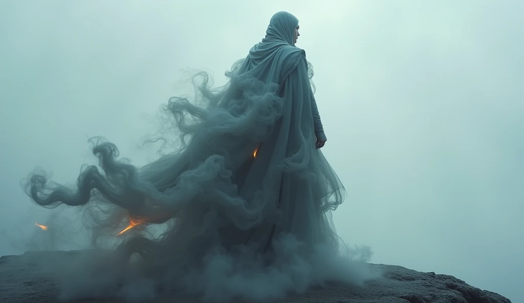 "A majestic figure standing on a high plateau, their form fully visible and sharply defined, draped in a cape made entirely of smoke. The smoke flows down in intricate, layered patterns, each strand carefully detailed with smooth, soft curves and delicate ...