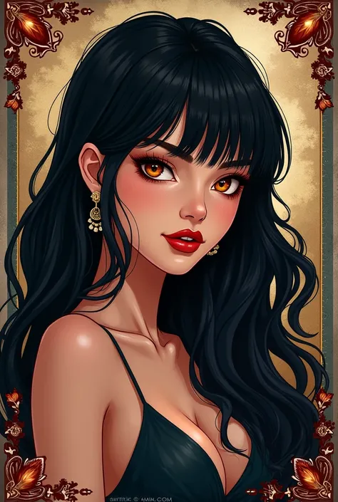 Girl with long wavy black hair with bangs, outlined makeup and red lipstick on a Latin anime book cover 