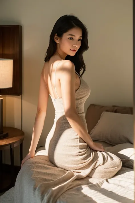 "A highly realistic selfie of an incredibly beautiful Asian woman in her cozy and modern bedroom. She is wearing a stunning, form-fitting black dress that perfectly accentuates her delicate facial features and her full, ample bust. The dress is made of a l...