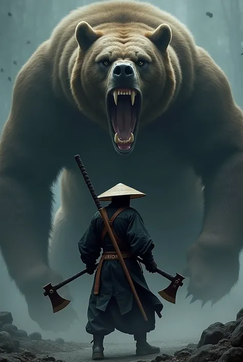  create the following picture :
 A ninja who carries an axe on each hand
Behind him is said to be a very angry looking bear with huge teeth that is as big as a house 
And on his back he should wear a heavy lanse. 
He should wear a Japanese samurai straw ha...