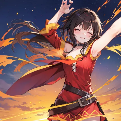 1 girl, megumin, eyes closed, happy smile, looking to you, light in the backgorund, hands in her back, cinematic, detailed