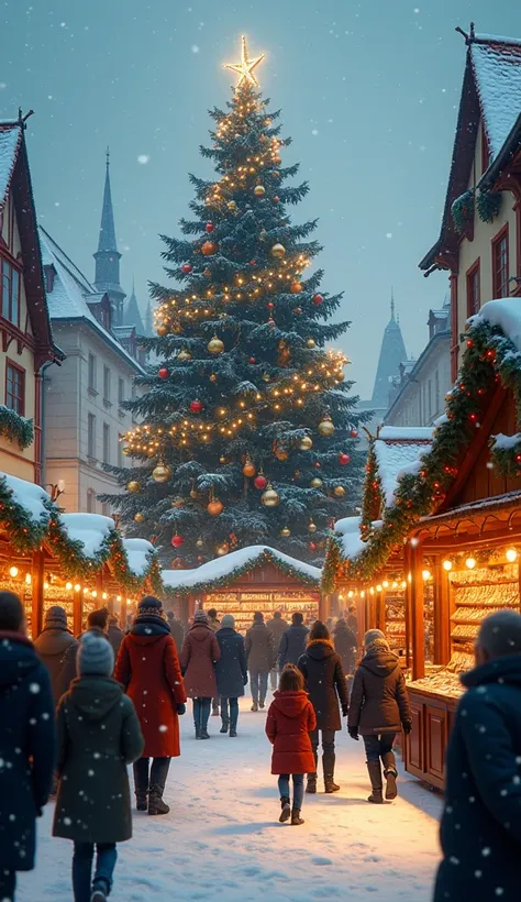 A snowy European Christmas market with twinkling lights, wooden stalls, and a large decorated Christmas tree.