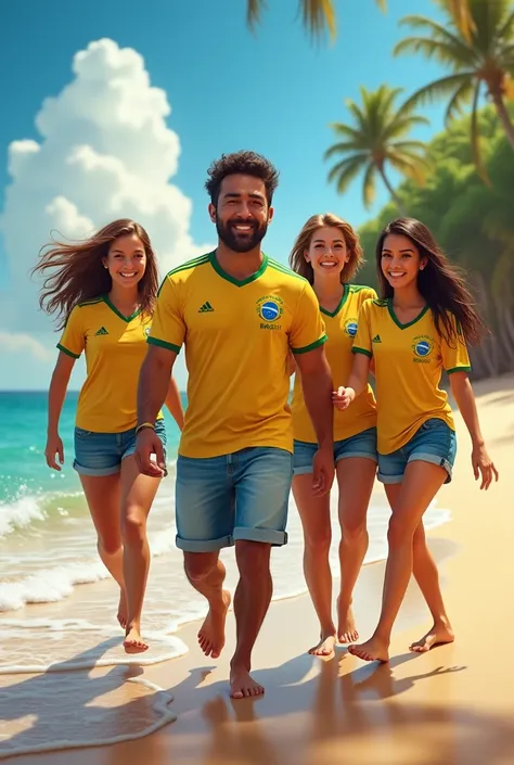  make an image of the sea.boss de smiling friends com um shorts jeans uma camisa do brasil, On a beach as a background