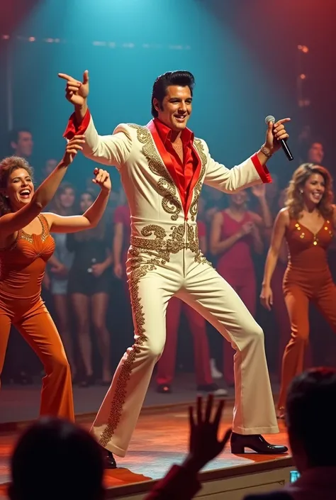 Realistic photograph of Elvis Presley dancing with his audience in a very creative and colorful composition in high quality and with his very detailed and expressive face 