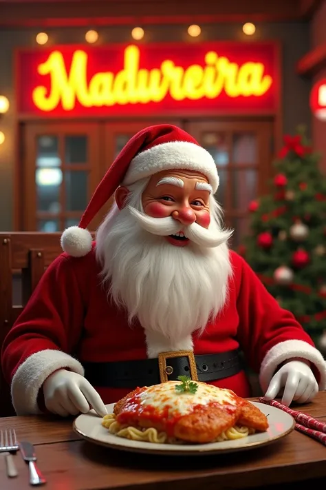 I want an image of a beautiful Santa Claus sitting at a rustic table at the Madureira restaurant enjoying a delicious parmegiana chicken fillet with plenty of tomato sauce and melted cheese, a sign from the Madureira restaurant needs to be highlighted in b...