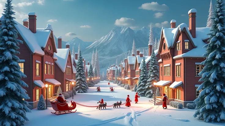 photograph, ultra-realistic, Santa Claus City, several very colorful buildings, elves, Santa&#39;s sleigh, neve, renews