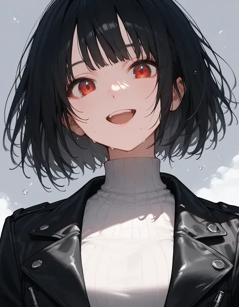 ((((cover))), close up, score_9, score_8_up, score_7_up, (solo), 1girl, black hair, red eyes, bob hair cut, sweaty, leather jacket ,medium breast, ((hands)), fingers, white turtleneck, smile , open mouth
