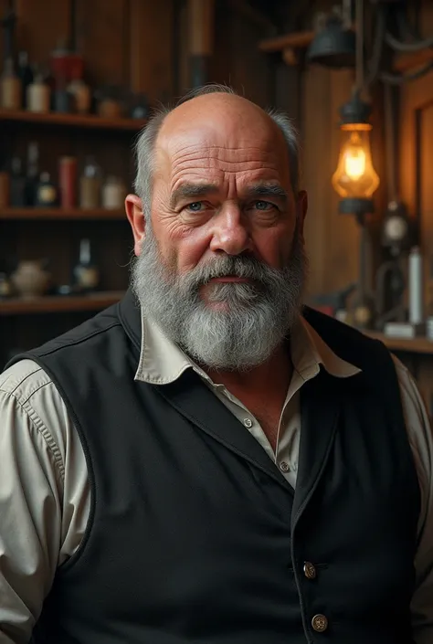 a man in his 50s, dutch, 19th century style, owner of a mining equipment and tools/jewelry shop, tall, overweight, bald with gray hair and beard, blue eyes, detailed portrait, intricate details, photorealistic, cinematic lighting, warm color tones, masterp...