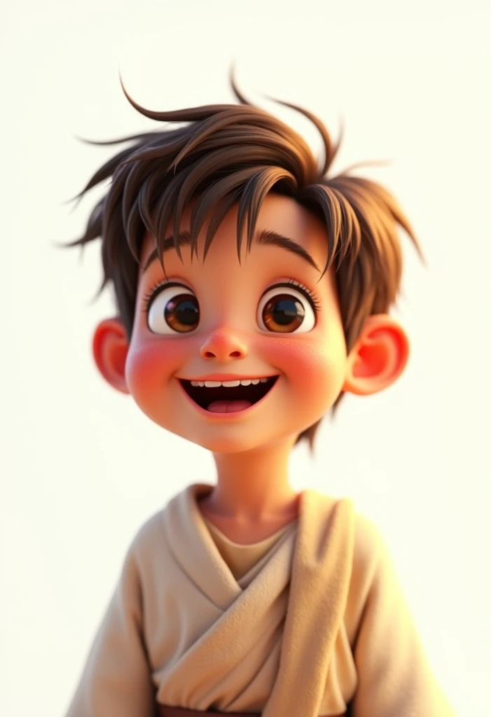 A happy boy of Jesus Christ with hair standing on end fulfilled, fundo branco, barnet, Tom, Estilo Pixar, ..3d, desenhos animados, rosto detalhado, asymmetrical 16k