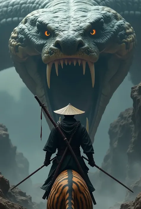  create the following picture :
 A ninja who wears a katana on each hand
Behind him is said to be a very angry looking snake with huge teeth that is as big as a house 
And on his back he should wear a heavy lanse. 
He should also sit on a tiger . 
He shoul...