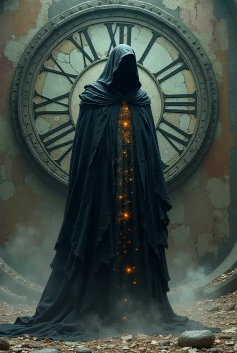 A tall Grim Reaper standing in the center, cloaked in a long tattered black robe. The cloak is subtly divided into twelve sections, each representing a different month of the year: frosted ice for January, swirling wind for February, faint glowing light fo...