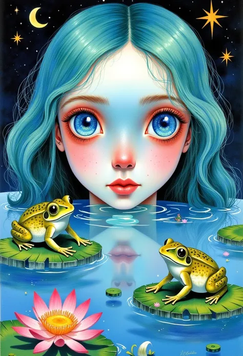  The face of a beautiful young woman protrudes half out of the water, you can only see her eyes made of water ,  water lilies floating around her in the water ,   big beautiful frogs on water lilies , Compose   ,  turquoise hair , Painting (medium), ,   A ...